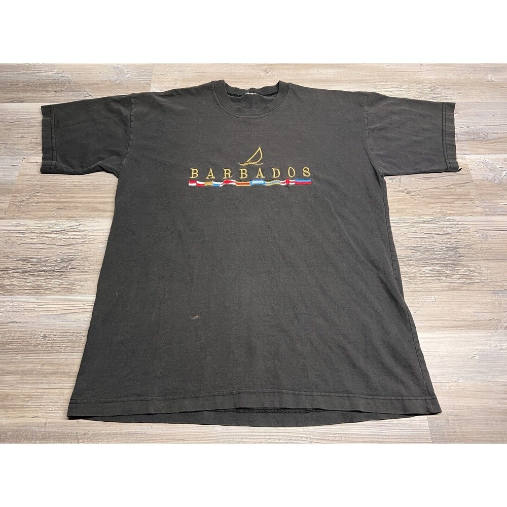 Vintage Sun Faded Souvenir T-Shirt Barbados West Indies Embroidered Black Size L